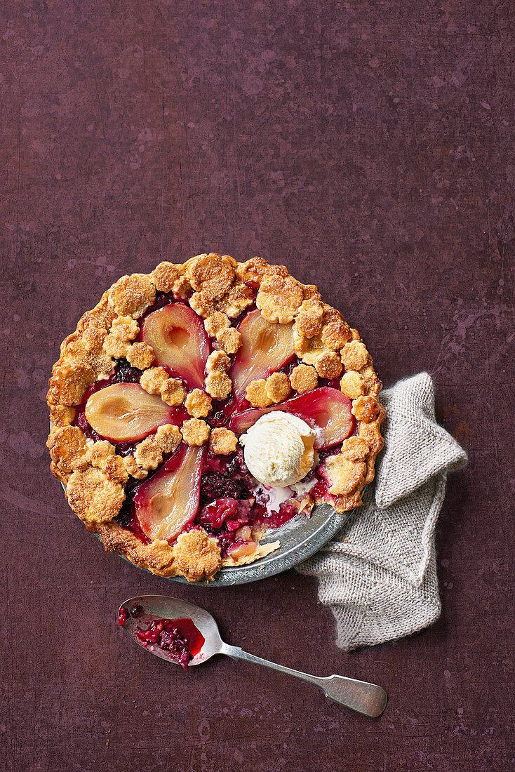 Open-face pear and berry pie