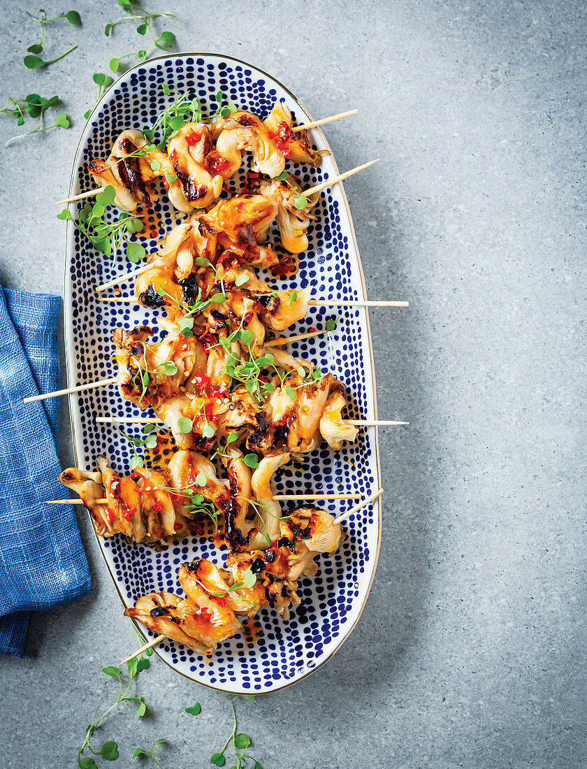 Sweet chilli oyster mushroom kebabs