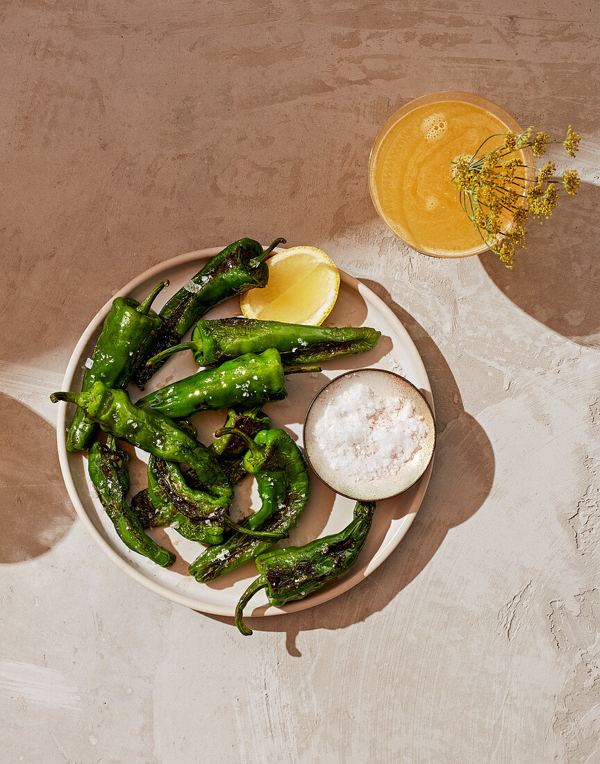 Shishito peppers and a turmeric cocktail