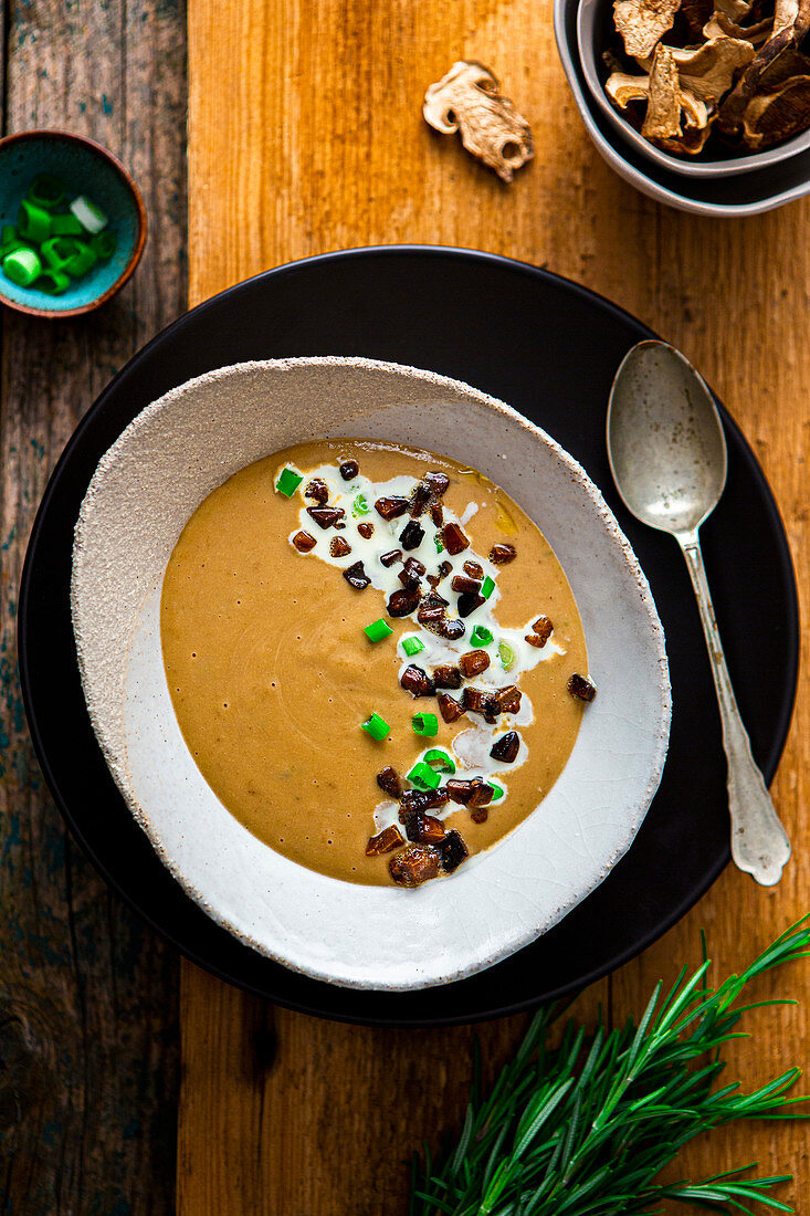 Porcini mushroom, red wine and potato soup with rosemary
