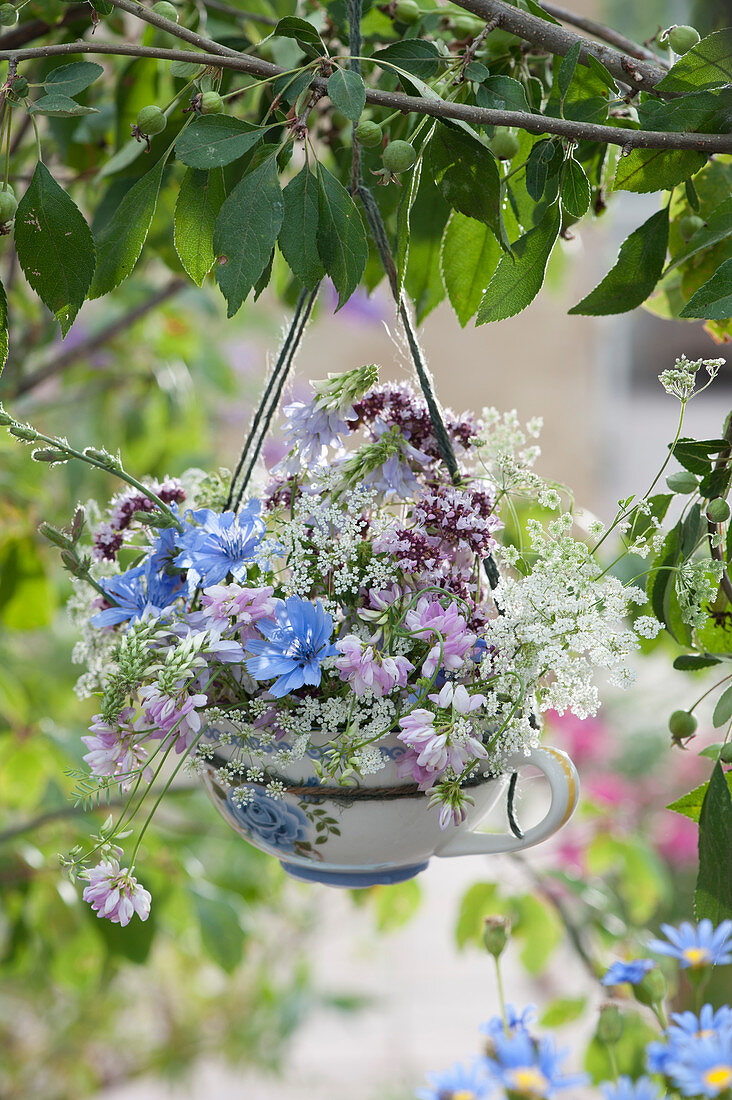 Bouquet of Blueweed, Axseed, French lilac, oregano flowers and greed blossoms as a hanging decoration