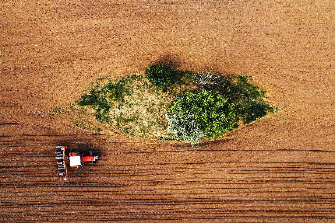 Aerial view of tractor with seeder