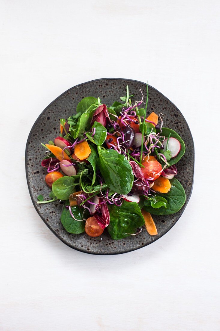 Plate of fresh salad made with raw vegetables