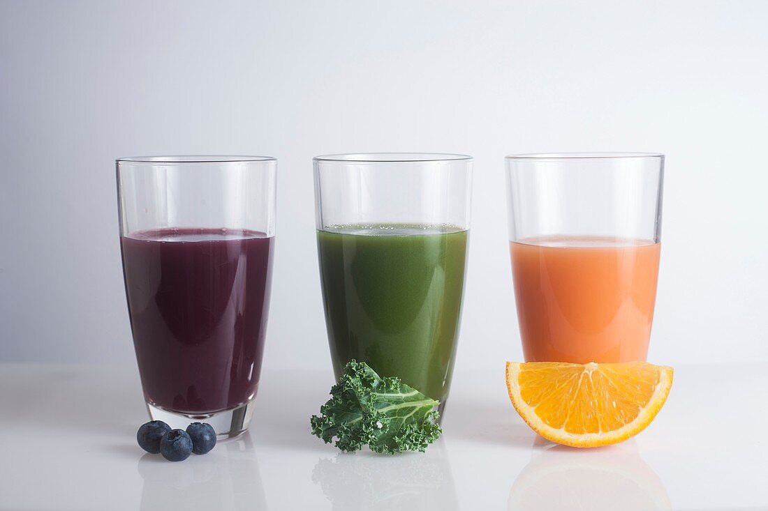 Fresh juices made of berries,carrots and kale
