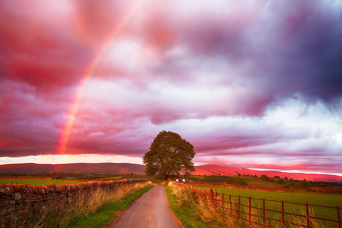 North Pennines, Cumbria, UK, at sunset with rainbow