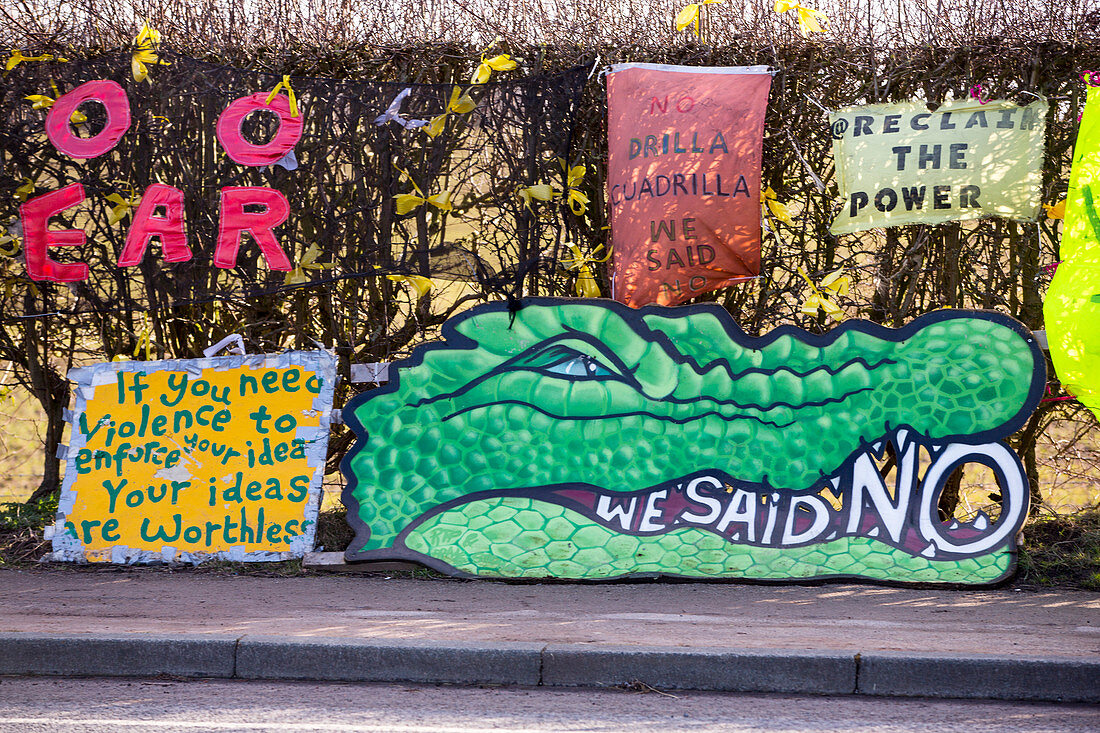 Protest signs at fracking site, Lancashire, UK