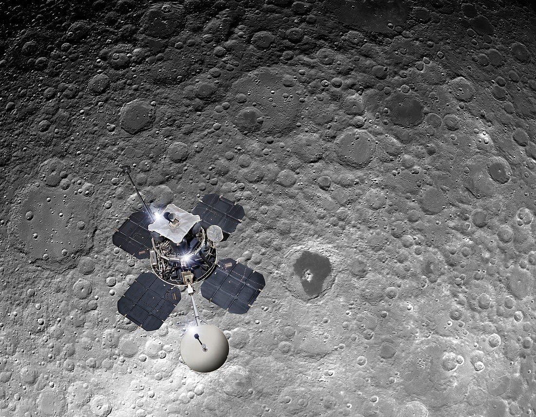 Lunar Orbiter spacecraft in Moon orbit, illustration