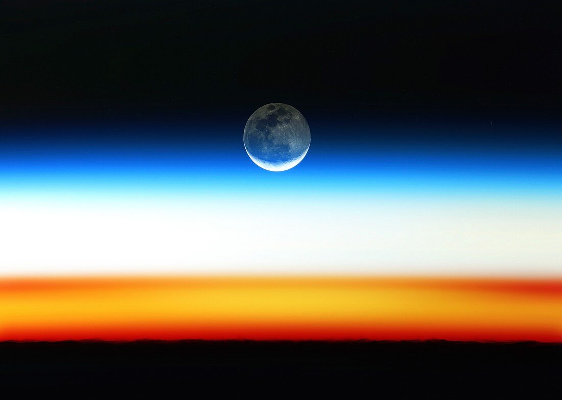 Crescent Moon rising over Earth from space, illustration