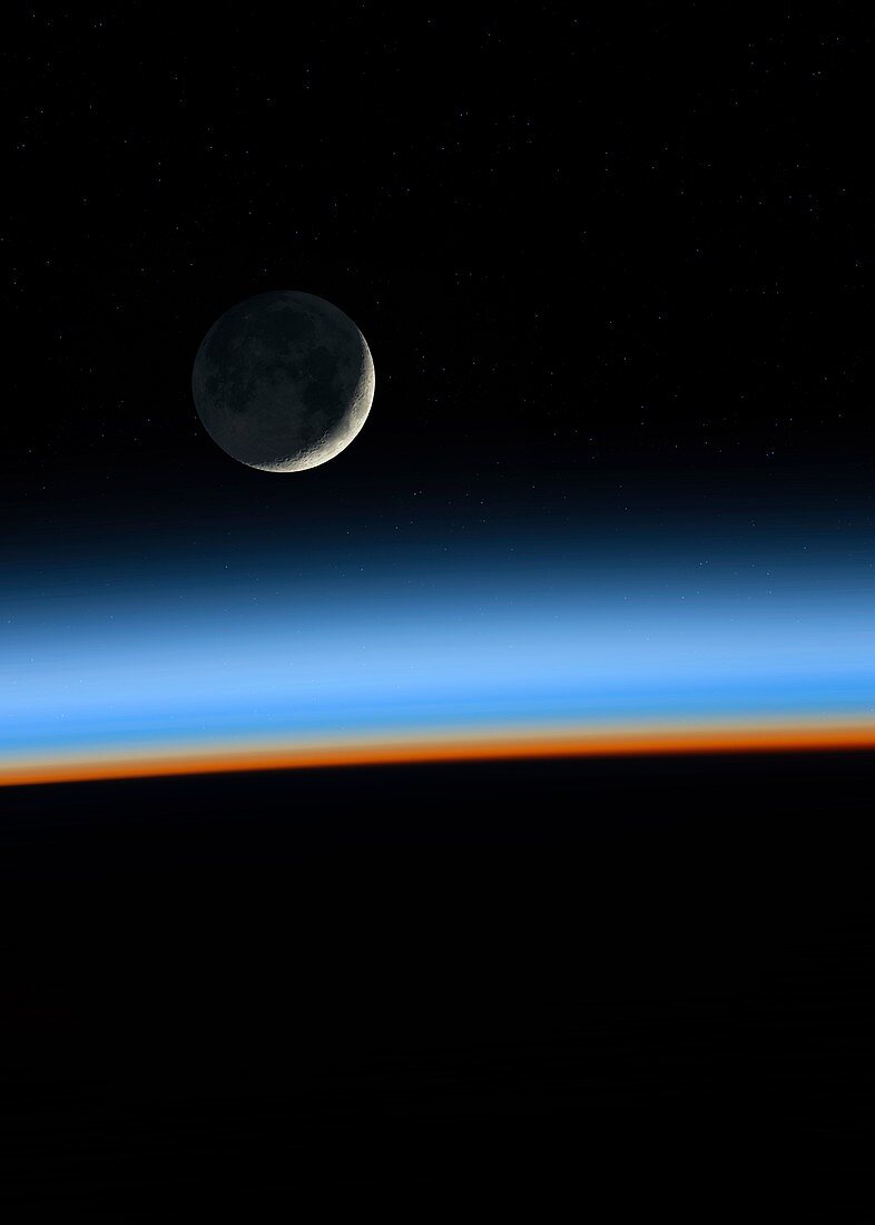 Moon setting from Earth orbit, illustration