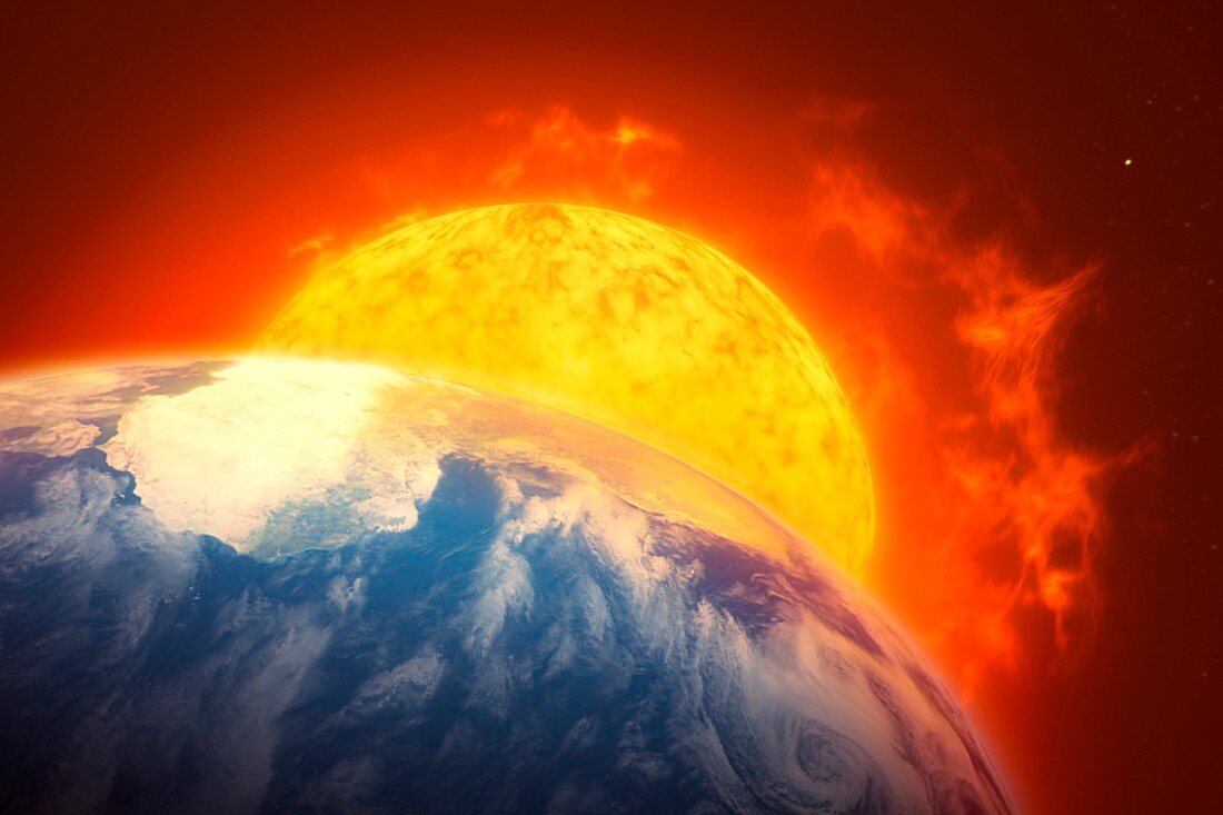 Red giant Sun and future Earth, illustration
