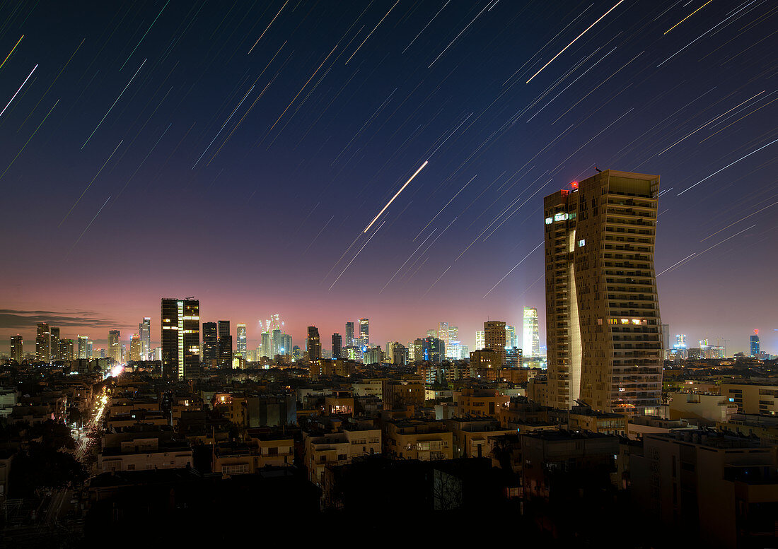 Star trails and light pollution over Tel Aviv, Israel