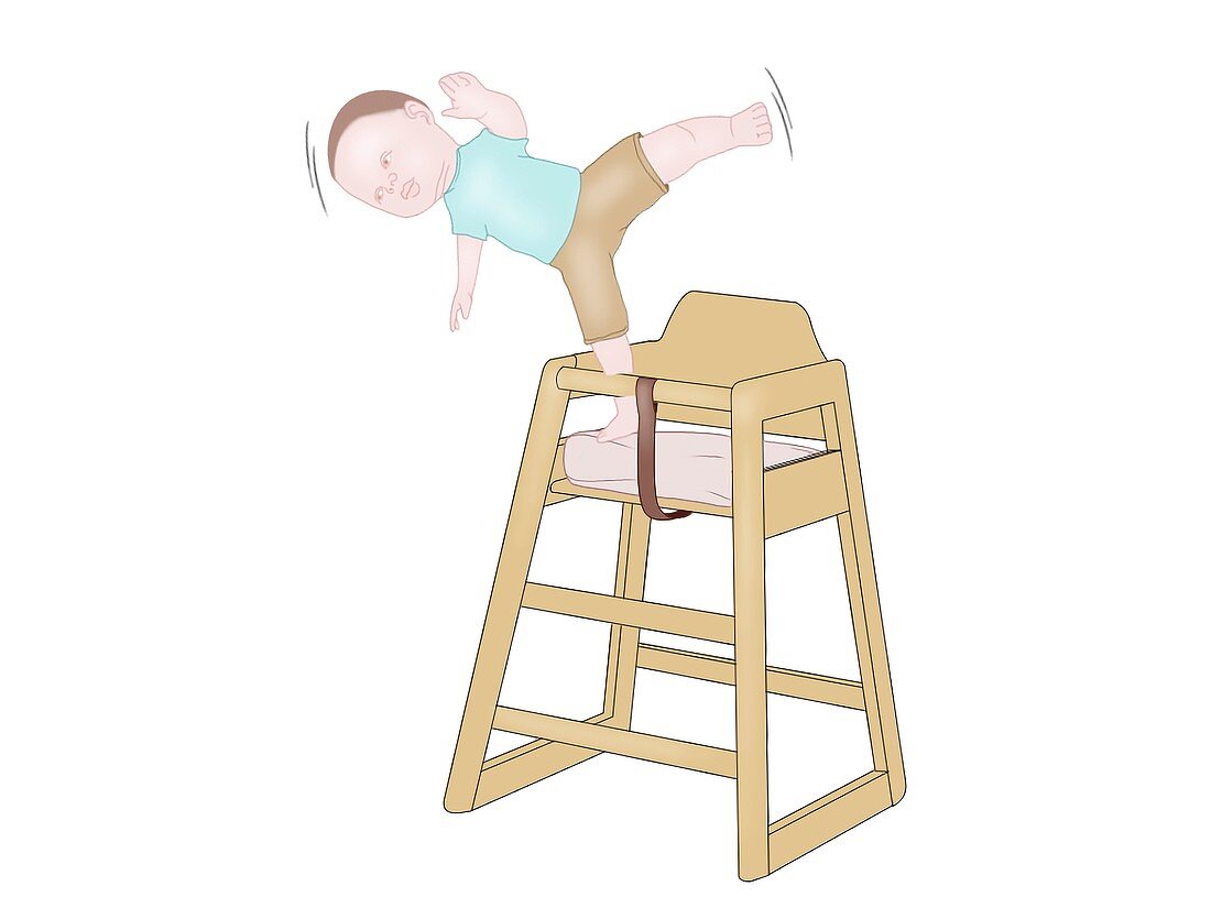 Child in high chair overbalancing, illustration