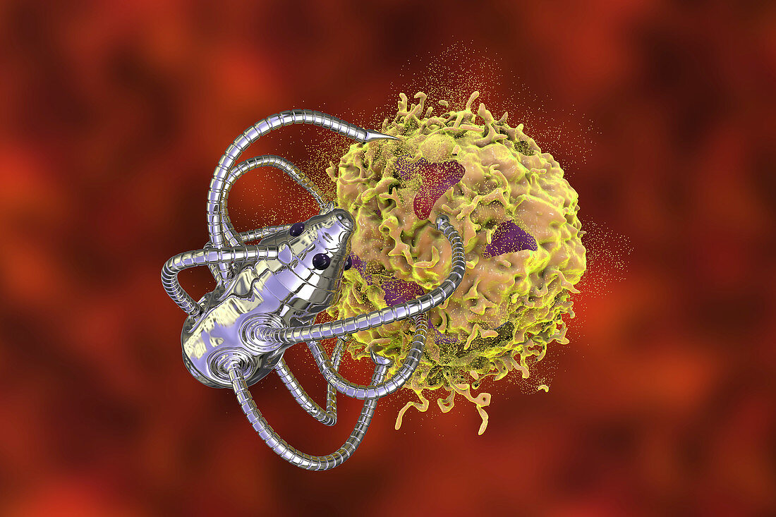 Nanorobots attacking cancer, illustration
