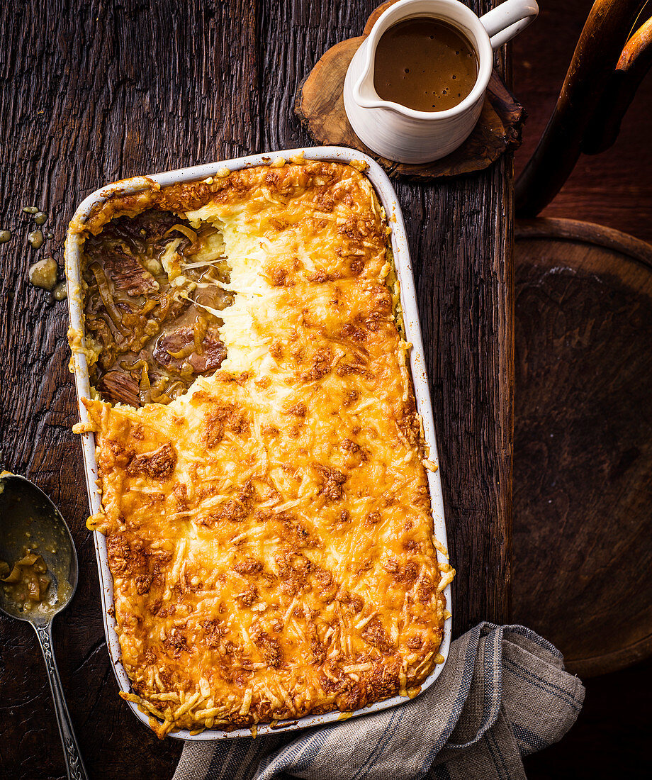 French onion and beef pie with gruyere crust