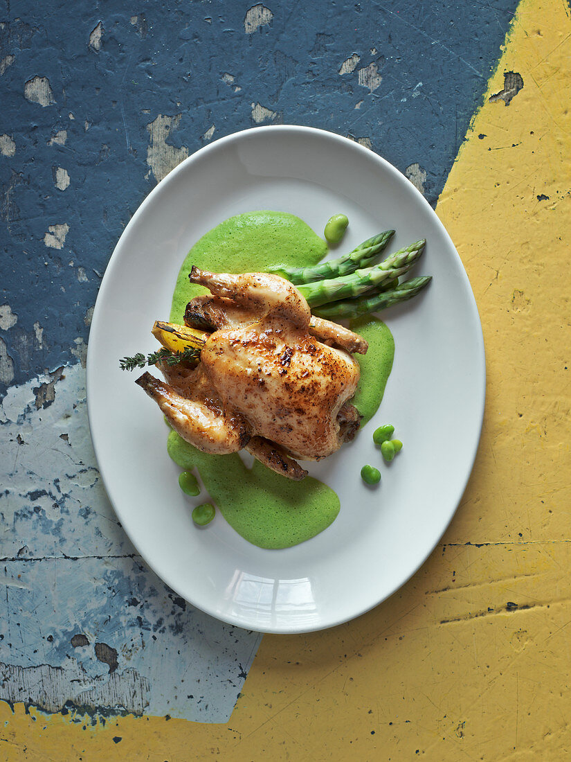 Roast chicken with asparagus on plate