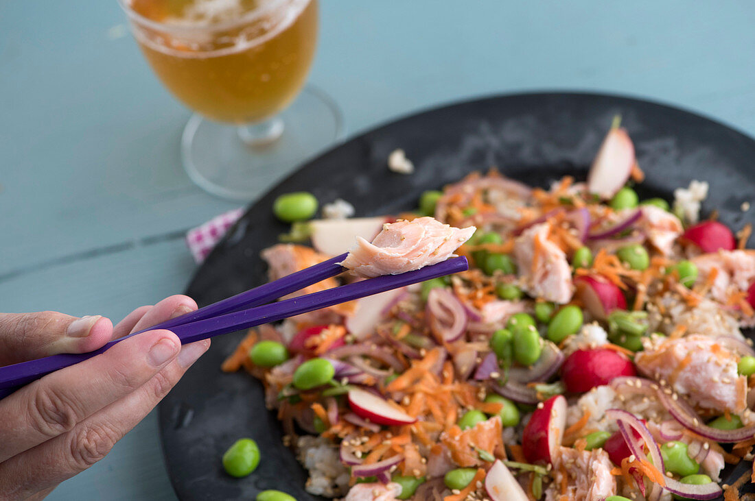 Japanese Sushi Rice salad with edamame beans and smoked salmon