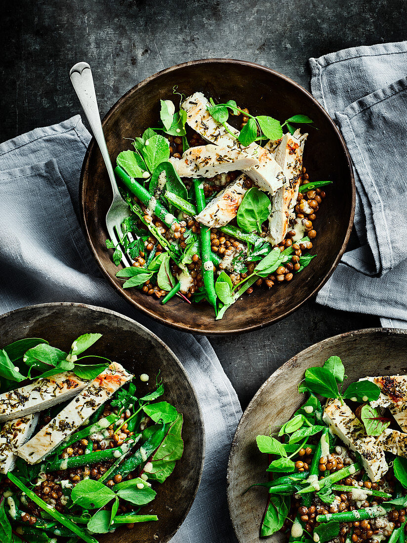 Griddled chicken with mustardy lentil salad