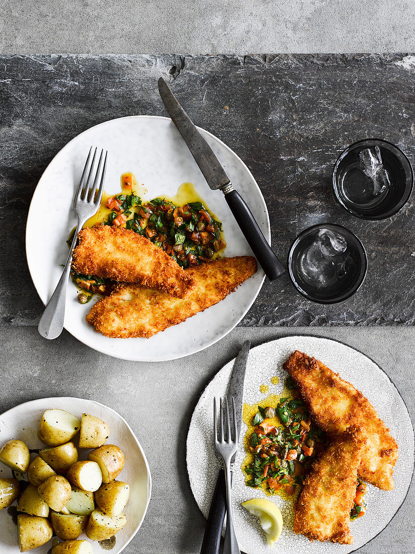 Breaded plaice with sauce vierge