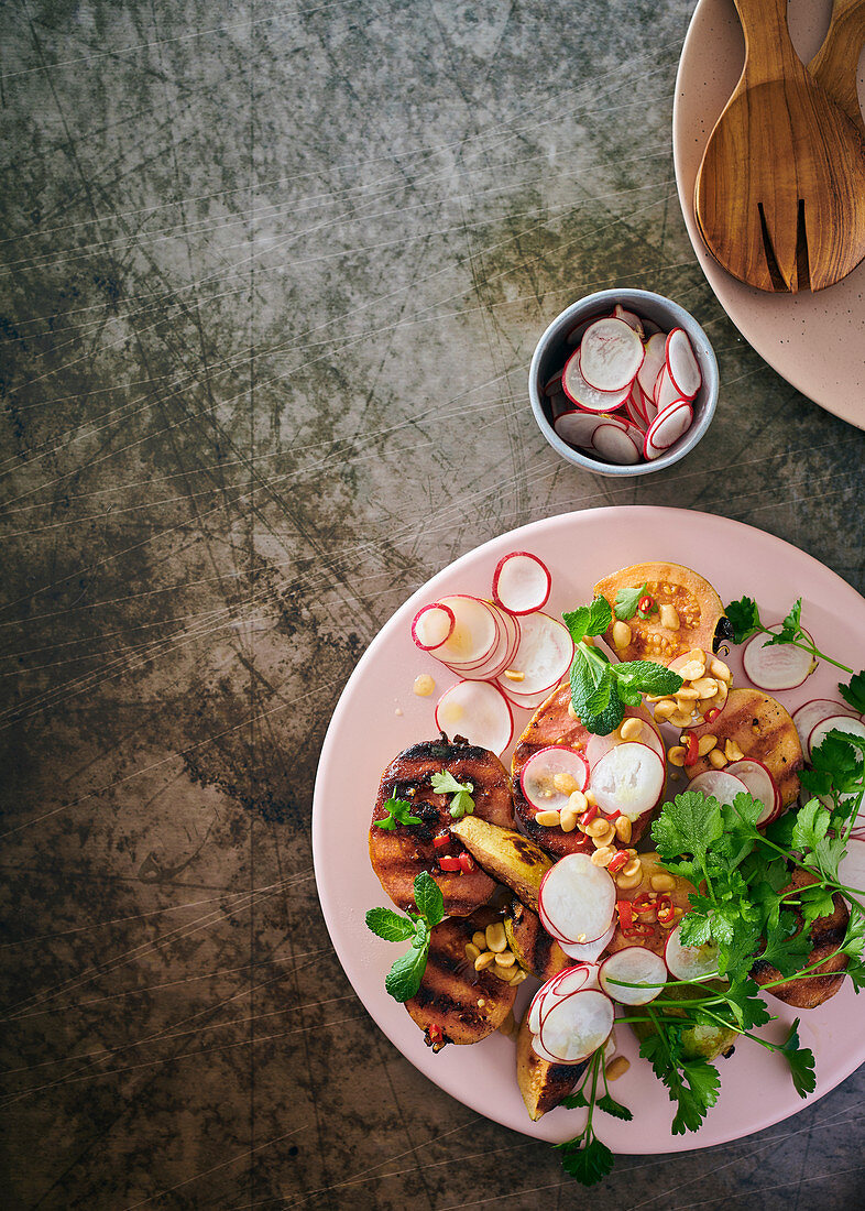 Chargrilled guavas with radishes, peanuts, chilli and herbs