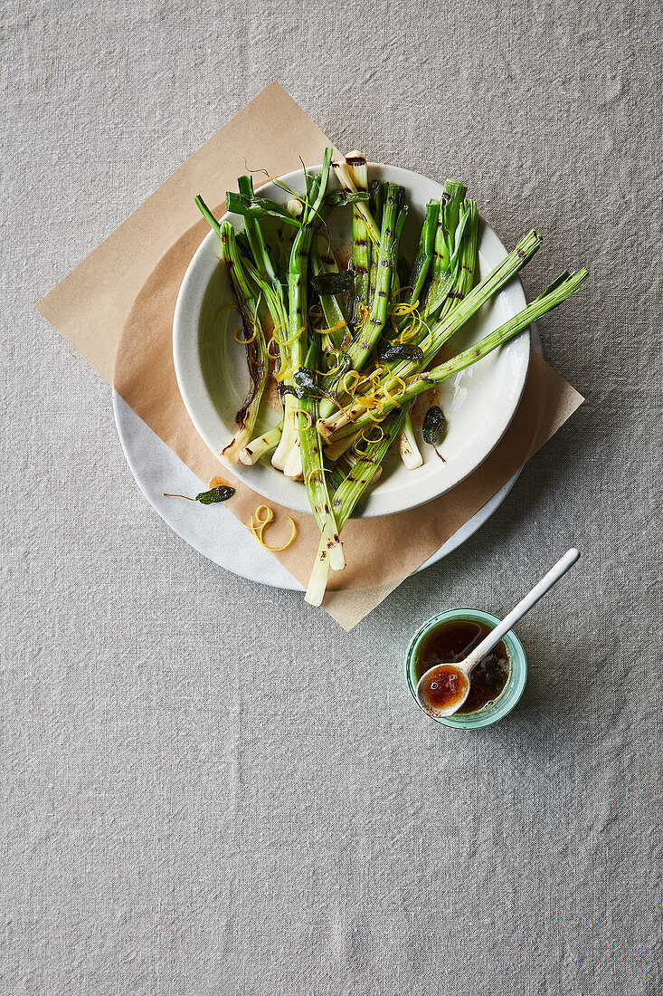 Lemony chargrilled leeks with burnt sage butter