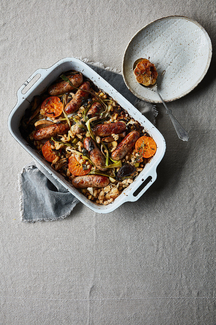 Leek, pork banger and cannellini bean casserole