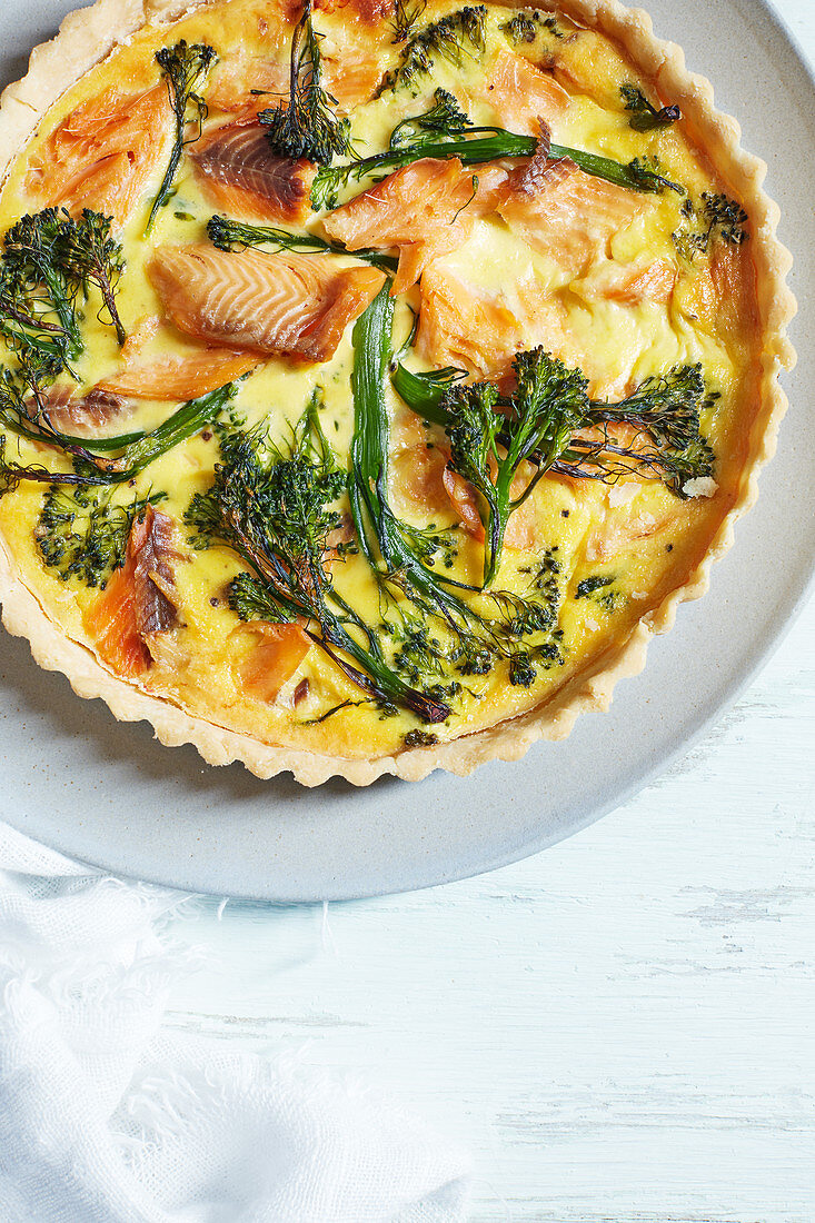 Hot smoked trout and tenderstem quiche
