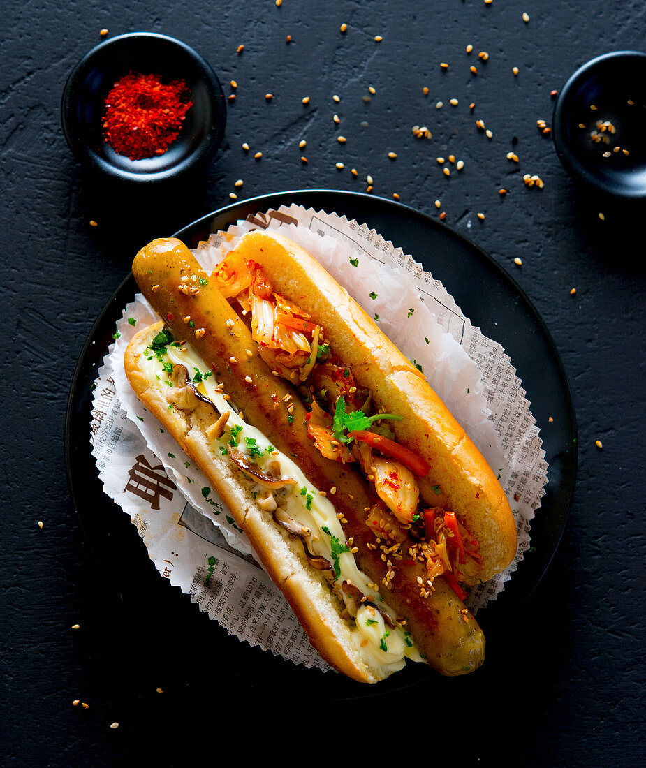 a hot dog with Kimchi