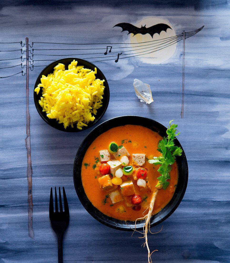 Tofu-Gemüse-Curry mit Koriandergrün und gelber Reis