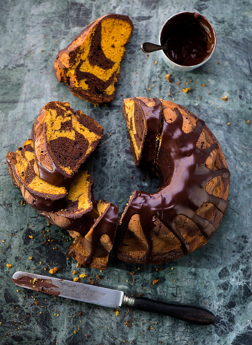 Marble pumpkin cake with chocolate icing