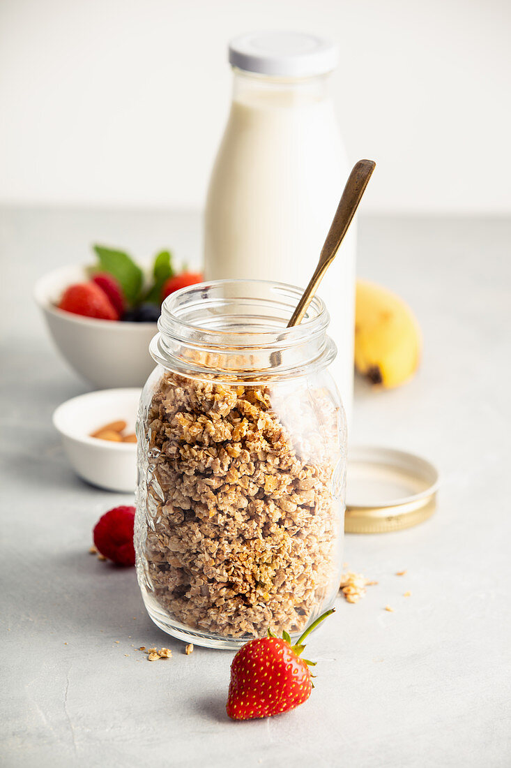 Homemade granola in a glass jar