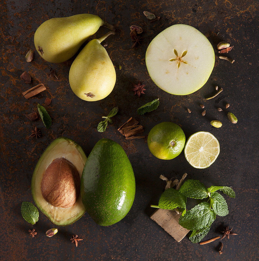 Still life with green fruit and vegetables