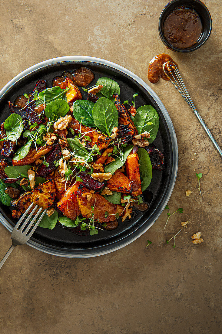 Roasted vegetable salad with miso and honey dressing
