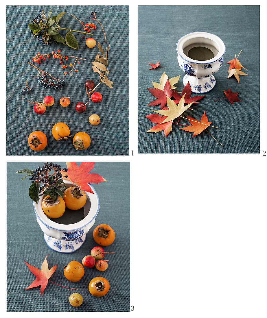 Herbstliches Gesteck mit Ahornblättern, Kaki, Zieräpfeln und Beerenzweigen selbermachen