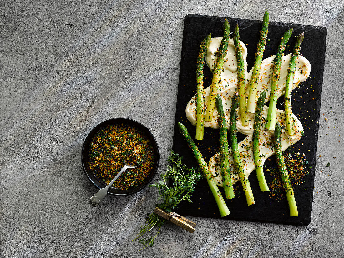 Grilled Asparagus With Buttersauce Toasted Spring Herb Crumb