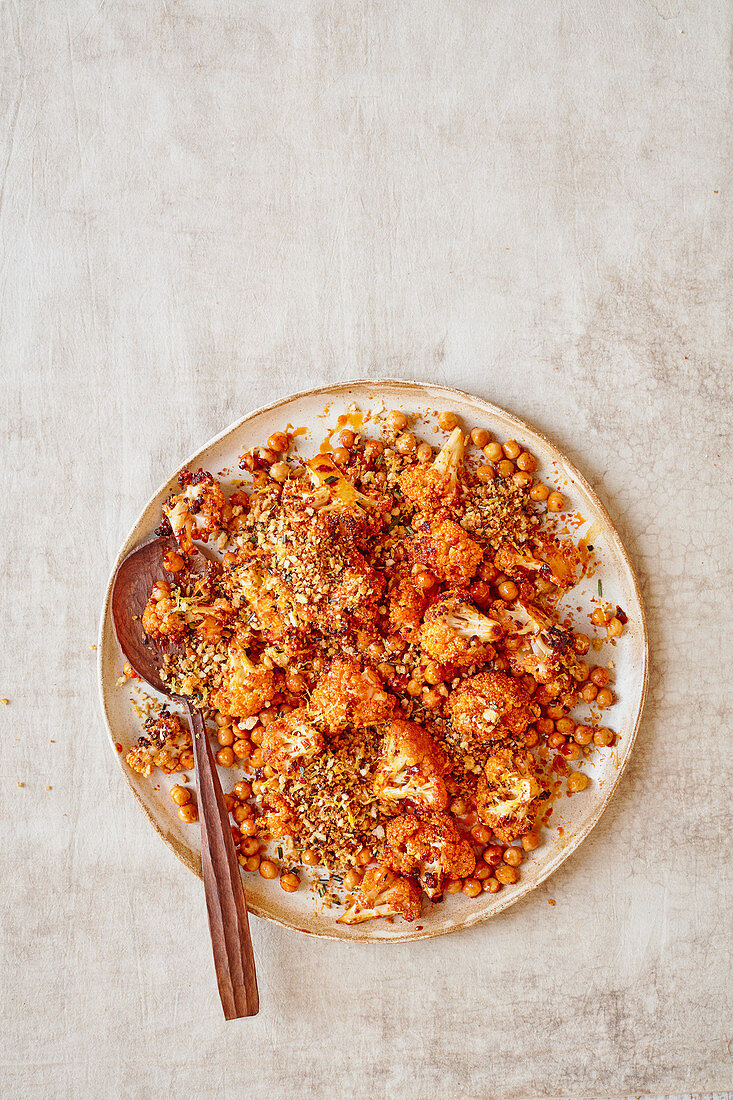 Roasted cauliflower and harissa chickpeas with a herby lemon pangritata