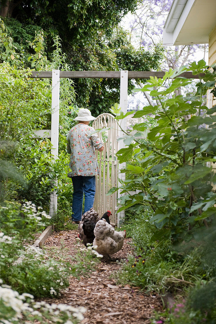 Ältere Frau geht durch Gartentor in naturnahem Garten mit Hühnern