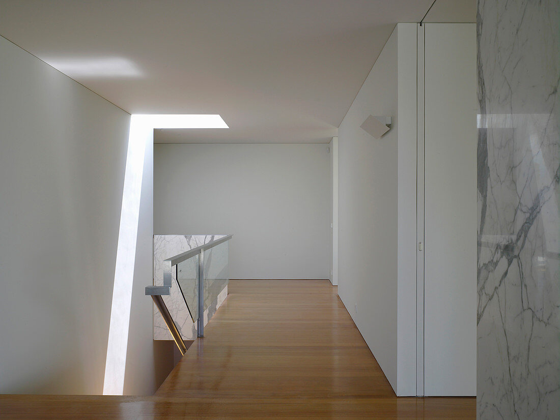 Landing and head of staircase in modern, minimalist, architect-designed house