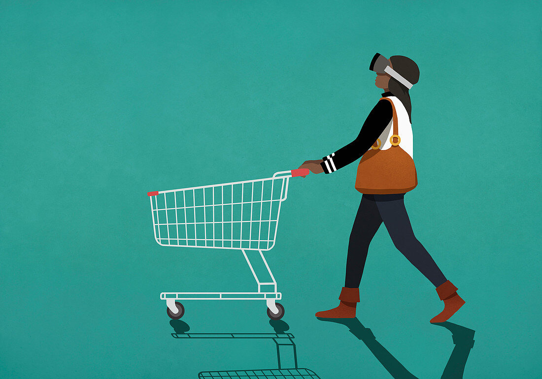 Frau mit Virtual Reality Brille schiebt einen Einkaufswagen (Illustration)