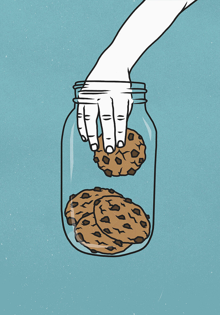 Hand reaching into cookie jar (Illustration)