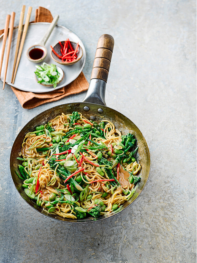 Spicy peanut and szechuan pepper noodles with edamame