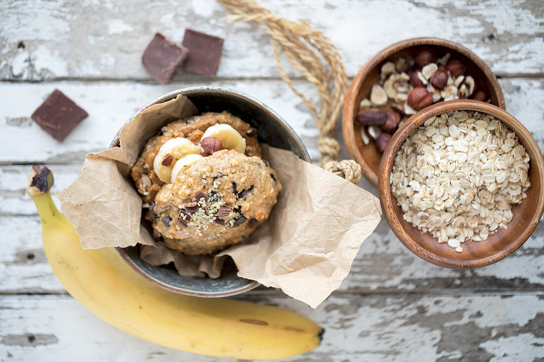 Sweet oatmeal burger with bananas and peanuts