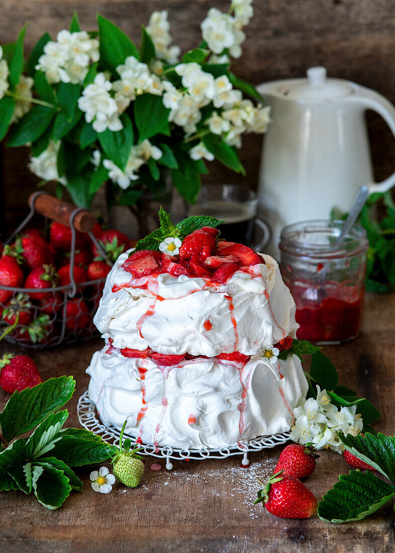 Pavlova with strawberries and cream