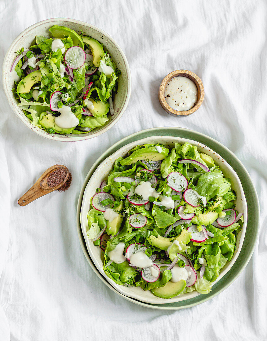 Grüner Salat mit Radieschen und Avocado