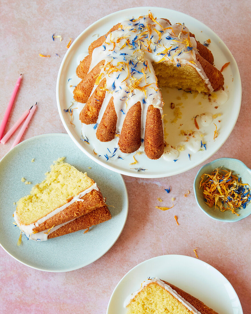 Lemon Drizzle Birthday Cake with Icing and Edible Flowers