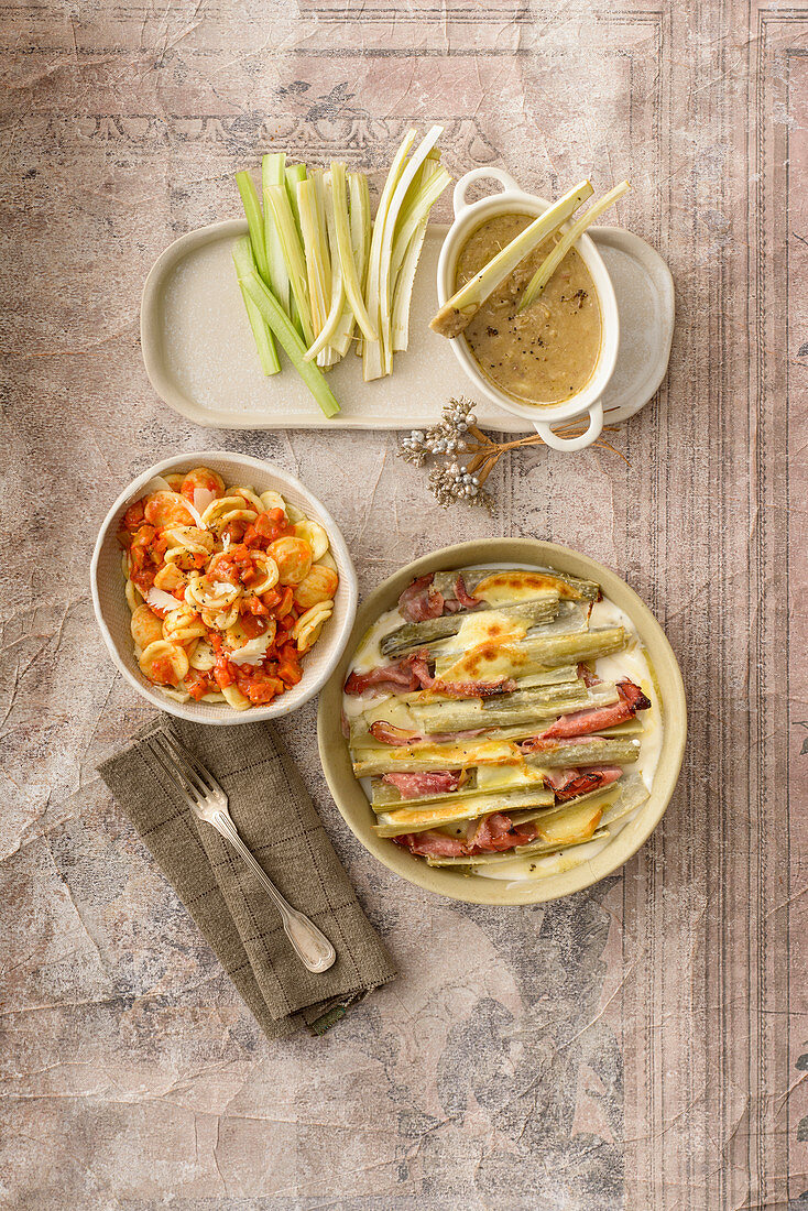 Cardi-Bagna cauda, Orecchiette mit Cardisauce & Cardi-Schinken-Gratin