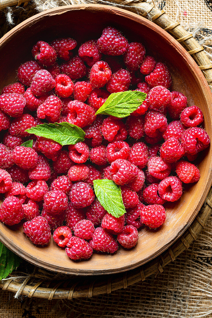 Freshly picked raspberries in a wooden bowl