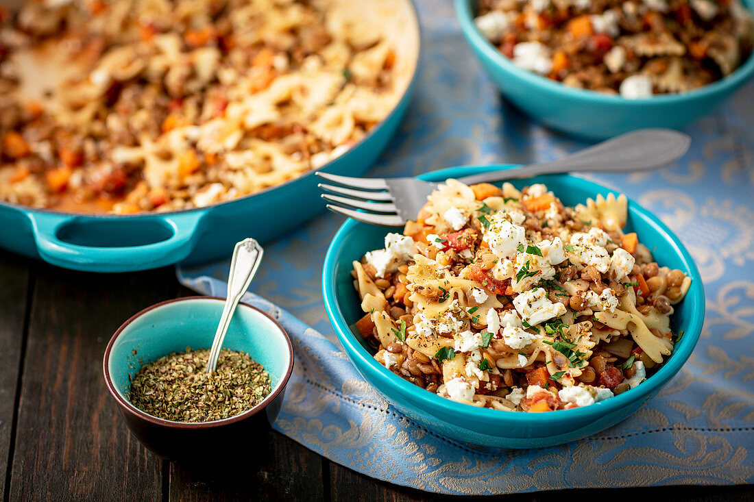 Pasta with lentil bolognese and feta