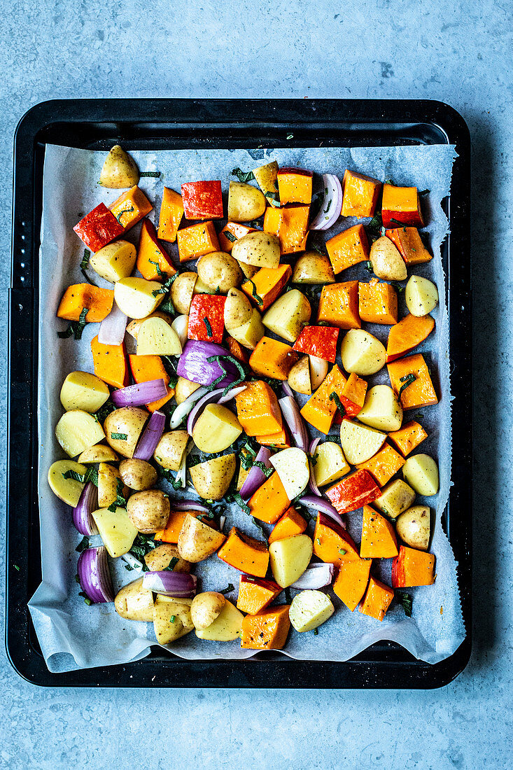 Oven-roasted pumpkin and potatoes