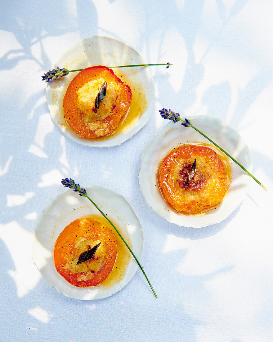Roasted apricots with lavender flowers
