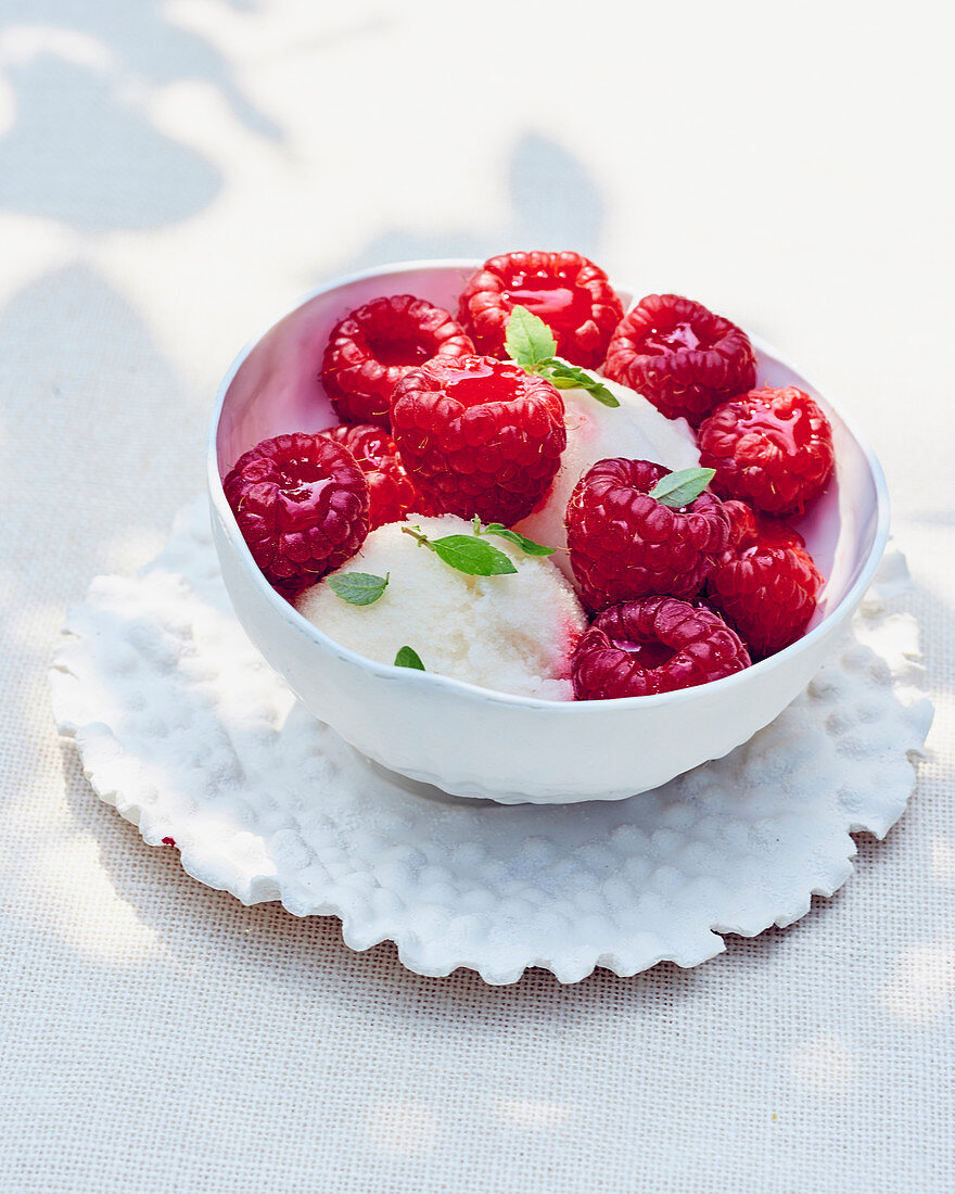 Lemon ice cream with raspberries and agave syrup